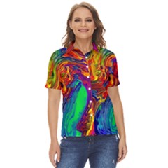Waves Of Colorful Abstract Liquid Art Women s Short Sleeve Double Pocket Shirt