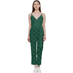 Green Pattern V-neck Spaghetti Strap Tie Front Jumpsuit by Sparkle