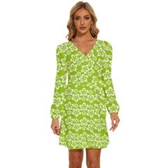 Lime Green Flowers Pattern Long Sleeve Waist Tie Ruffle Velvet Dress by GardenOfOphir