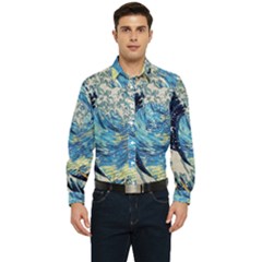 Starry Night Hokusai Vincent Van Gogh The Great Wave Off Kanagawa Men s Long Sleeve Pocket Shirt  by Semog4