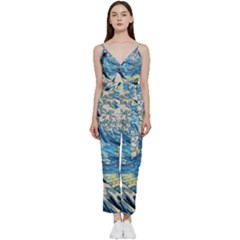 Starry Night Hokusai Vincent Van Gogh The Great Wave Off Kanagawa V-neck Spaghetti Strap Tie Front Jumpsuit by Semog4
