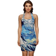 Starry Night Hokusai Vincent Van Gogh The Great Wave Off Kanagawa Sleeveless Wide Square Neckline Ruched Bodycon Dress by Semog4