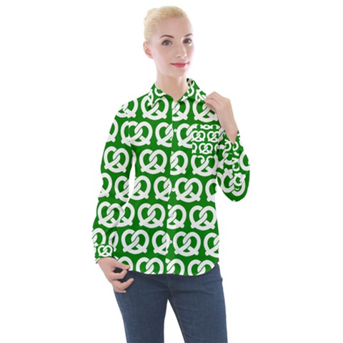 Green Pretzel Illustrations Pattern Women s Long Sleeve Pocket Shirt by GardenOfOphir