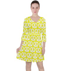 Yellow Pretzel Illustrations Pattern Quarter Sleeve Ruffle Waist Dress