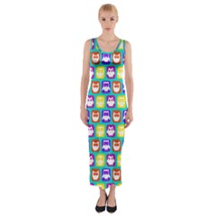 Colorful Whimsical Owl Pattern Fitted Maxi Dress by GardenOfOphir