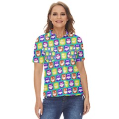 Colorful Whimsical Owl Pattern Women s Short Sleeve Double Pocket Shirt
