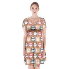 Colorful Whimsical Owl Pattern Short Sleeve V-neck Flare Dress by GardenOfOphir