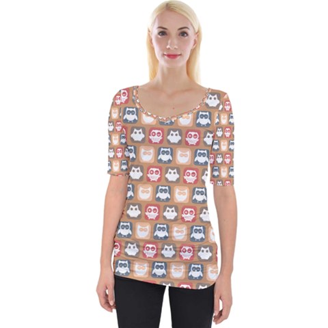 Colorful Whimsical Owl Pattern Wide Neckline Tee by GardenOfOphir