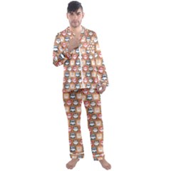 Colorful Whimsical Owl Pattern Men s Long Sleeve Satin Pajamas Set by GardenOfOphir
