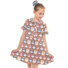 Colorful Whimsical Owl Pattern Kids  Short Sleeve Shirt Dress by GardenOfOphir