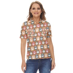 Colorful Whimsical Owl Pattern Women s Short Sleeve Double Pocket Shirt
