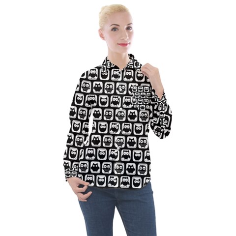 Black And White Owl Pattern Women s Long Sleeve Pocket Shirt by GardenOfOphir