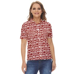 Red And White Owl Pattern Women s Short Sleeve Double Pocket Shirt