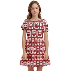 Red And White Owl Pattern Kids  Puff Sleeved Dress by GardenOfOphir