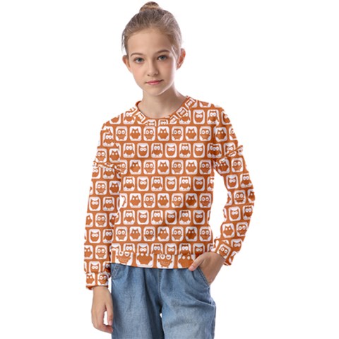 Orange And White Owl Pattern Kids  Long Sleeve Tee With Frill  by GardenOfOphir