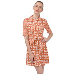 Coral And White Owl Pattern Belted Shirt Dress by GardenOfOphir
