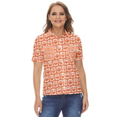 Coral And White Owl Pattern Women s Short Sleeve Double Pocket Shirt