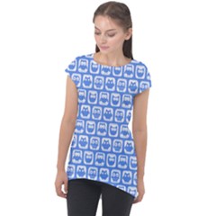Blue And White Owl Pattern Cap Sleeve High Low Top by GardenOfOphir