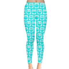 Aqua Turquoise And White Owl Pattern Leggings  by GardenOfOphir