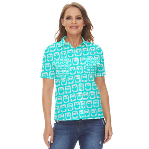 Aqua Turquoise And White Owl Pattern Women s Short Sleeve Double Pocket Shirt by GardenOfOphir