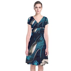 Glass Slipper Blues Fairytale Short Sleeve Front Wrap Dress by Ravend