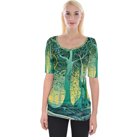 Nature Trees Forest Mystical Forest Jungle Wide Neckline Tee by Ravend