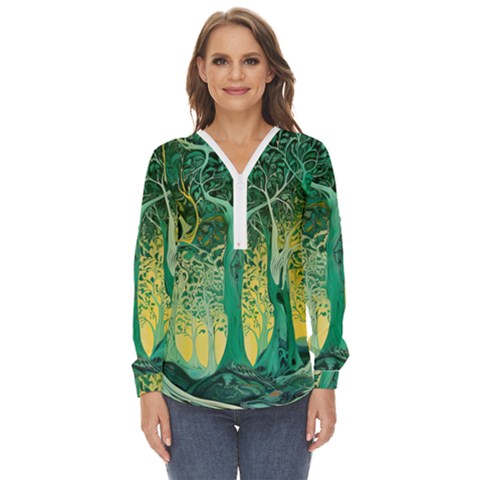 Nature Trees Forest Mystical Forest Jungle Zip Up Long Sleeve Blouse by Ravend
