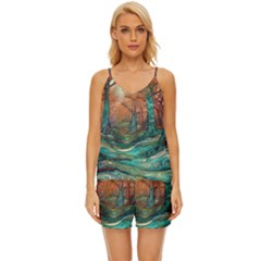 Ai Generated Tree Forest Mystical Forest Nature V-neck Satin Pajamas Set