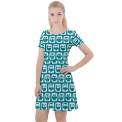 Teal And White Owl Pattern Cap Sleeve Velour Dress  by GardenOfOphir