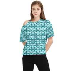 Teal And White Owl Pattern One Shoulder Cut Out Tee by GardenOfOphir