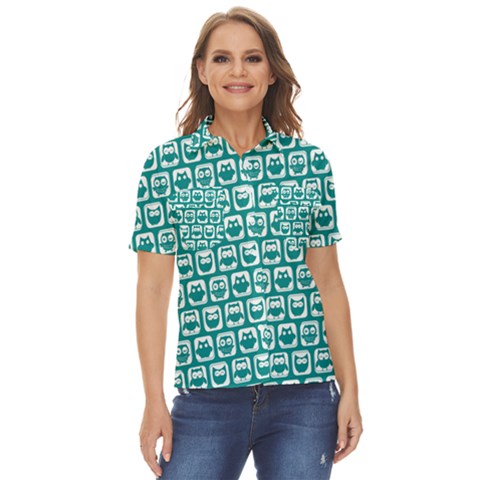 Teal And White Owl Pattern Women s Short Sleeve Double Pocket Shirt by GardenOfOphir