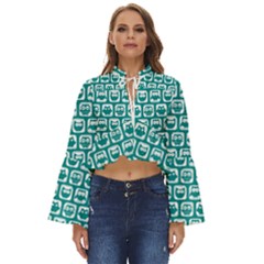 Teal And White Owl Pattern Boho Long Bell Sleeve Top