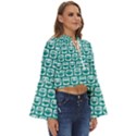 Teal And White Owl Pattern Boho Long Bell Sleeve Top View3