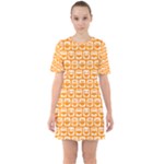 Yellow And White Owl Pattern Sixties Short Sleeve Mini Dress