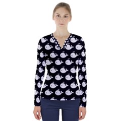 Cute Whale Illustration Pattern V-neck Long Sleeve Top by GardenOfOphir