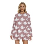 Cute Whale Illustration Pattern Round Neck Long Sleeve Bohemian Style Chiffon Mini Dress