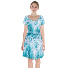Tropical Blue Ocean Wave Short Sleeve Bardot Dress by Jack14