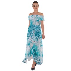 Tropical Blue Ocean Wave Off Shoulder Open Front Chiffon Dress by Jack14