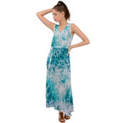 Tropical Blue Ocean Wave V-neck Chiffon Maxi Dress by Jack14