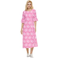 Pink Gerbera Daisy Vector Tile Pattern Double Cuff Midi Dress by GardenOfOphir