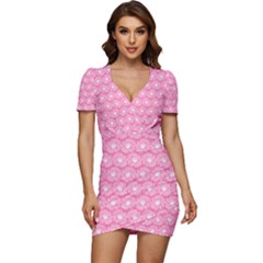 Pink Gerbera Daisy Vector Tile Pattern Low Cut Cap Sleeve Mini Dress by GardenOfOphir