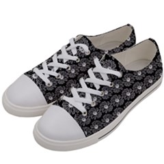 Black And White Gerbera Daisy Vector Tile Pattern Men s Low Top Canvas Sneakers by GardenOfOphir