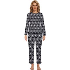 Black And White Gerbera Daisy Vector Tile Pattern Womens  Long Sleeve Lightweight Pajamas Set by GardenOfOphir