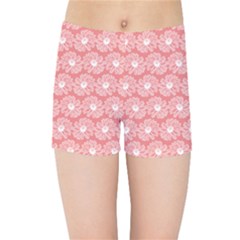 Coral Pink Gerbera Daisy Vector Tile Pattern Kids  Sports Shorts by GardenOfOphir