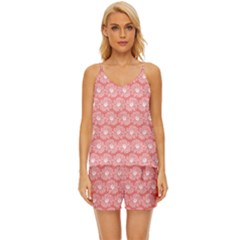 Coral Pink Gerbera Daisy Vector Tile Pattern V-neck Satin Pajamas Set by GardenOfOphir