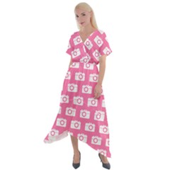 Pink Modern Chic Vector Camera Illustration Pattern Cross Front Sharkbite Hem Maxi Dress by GardenOfOphir