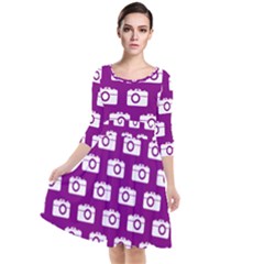 Modern Chic Vector Camera Illustration Pattern Quarter Sleeve Waist Band Dress by GardenOfOphir