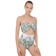 Gold And Green Eucalyptus Leaves Scallop Top Cut Out Swimsuit by Jack14