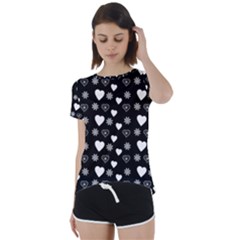 Hearts Snowflakes Black Background Short Sleeve Open Back Tee by Jancukart