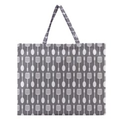 Gray And White Kitchen Utensils Pattern Zipper Large Tote Bag by GardenOfOphir